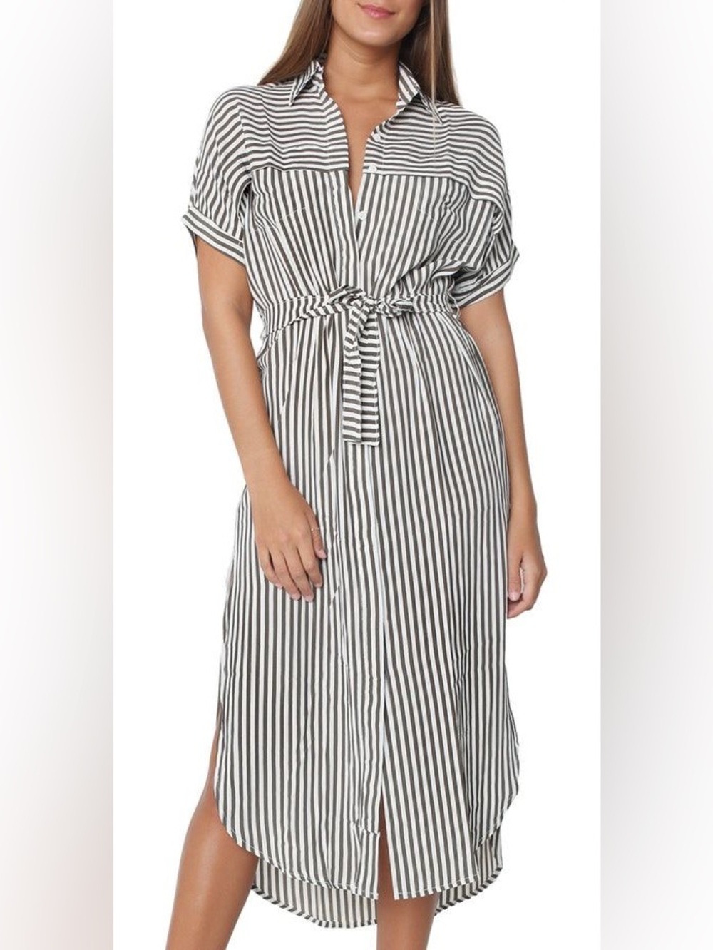 Faithfull The Brand White/ Olive Stripe Gigi Midi Shirt Coastal Dress Size 4